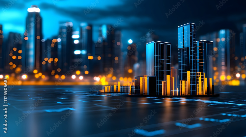 Aufkleber a futuristic city skyline with illuminated skyscrapers and data graphs, showcasing technology and ur