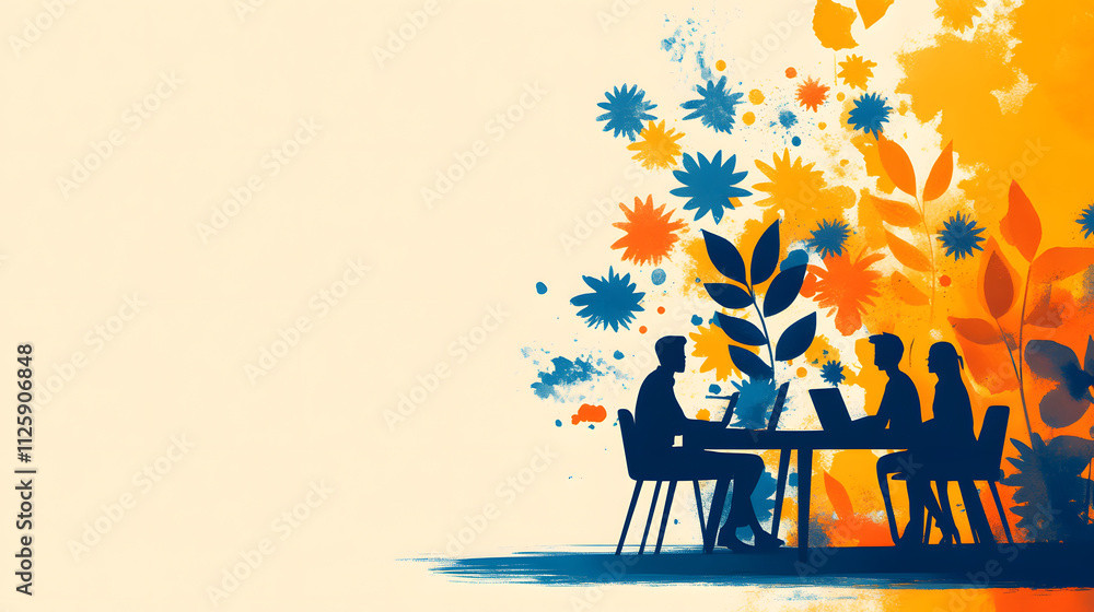 Poster a colorful illustration depicting a group of people collaborating around a table, surrounded by vibr