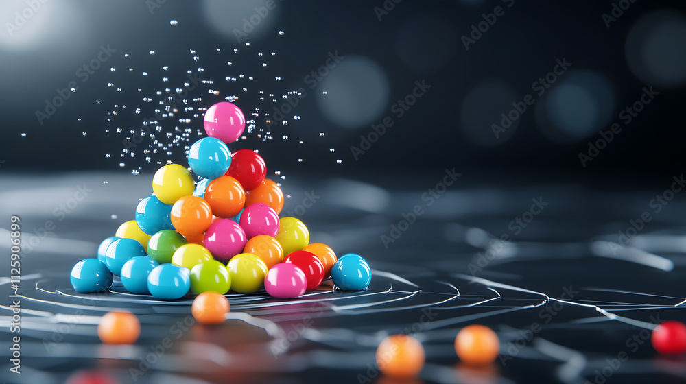 Poster a vibrant arrangement of colorful balls forms a pyramid, surrounded by splashes, set against a dark,