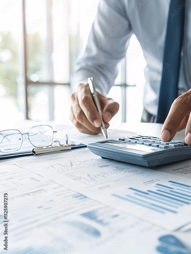 Poster a financial planner uses a calculator while discussing investment opportunities with a client, with 