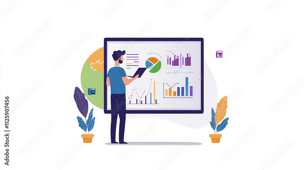 Poster professional analyzing graphs and data in a modern workspace with charts in the background