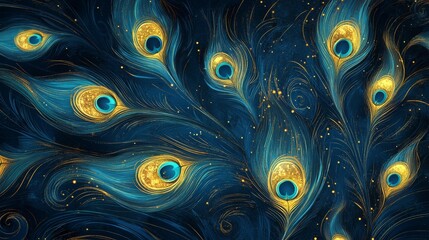 Obraz premium 79.Luxurious pattern of flowing line art peacock feathers, with each feather's curve highlighted by gold glitter; the delicate, glowing lines create a sense of movement and texture, making an