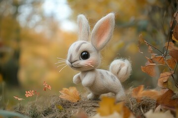 Lovely toy wool rabbit in forest, cute animal background concept