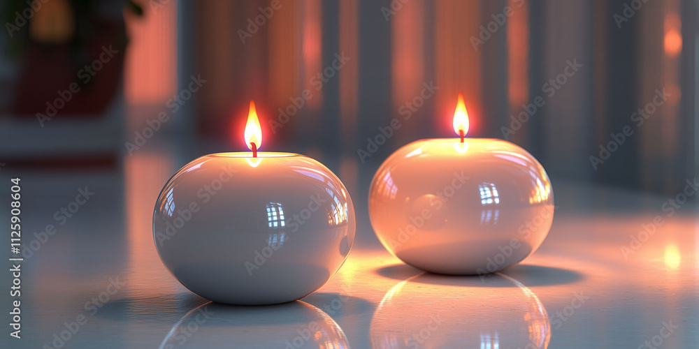 Poster two candles are lit and placed on a table. the candles are white and have a warm glow. the scene is 