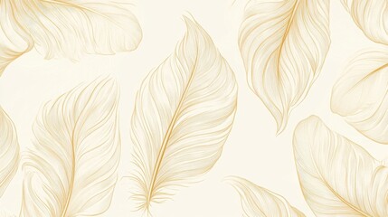 95.Pale bird feather line art pattern on a light background, each feather softly drawn with intricate details; the soft natural colors add a touch of sophistication, perfect for a luxury design card