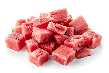 Pile of cubed watermelon on white. Refreshing summer food concept. Suitable for food blogs, healthy eating posts, or fruit advertisements