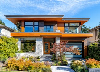Modern two-story house with wood and stone exterior, large windows, and landscaped garden.