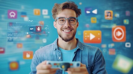 Caucasian Man Enjoying Immersive 3D Cyberspace with Animated Social Media and Online Content