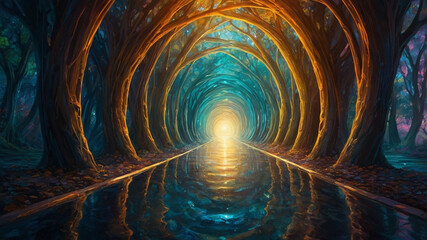 Tunnel of light with arching trees 