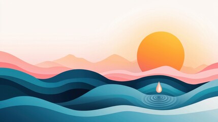 Inspiring change and personal growth concept. Abstract landscape with waves and a rising sun in soft colors