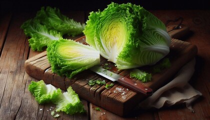 Fresh Iceberg Lettuce on a Wooden Cutting Board