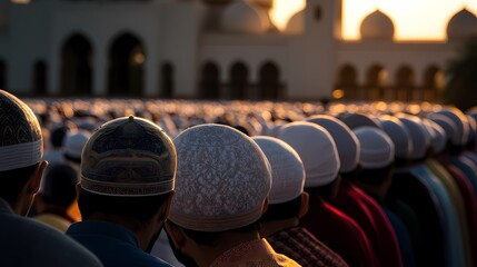 Muslim men praying outdoors at sunset, mosque in background.