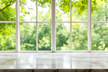 Window sill with marble countertop, showcasing a blurred green garden view.