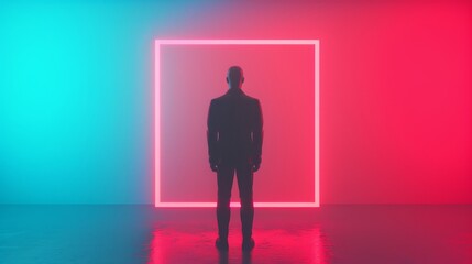 Silhouetted figure in neon lights