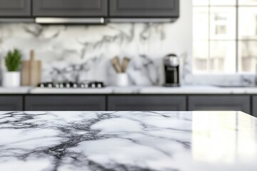 Close-up of sleek marble kitchen counter, blurred modern kitchen background.