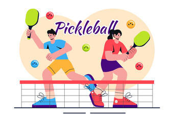 Pickleball Game Sport Illustration featuring Pickleball Players with Rackets, Paddles, and a Court for Sports Activities and Matches in a Background