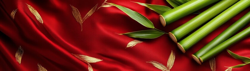Obraz premium Vibrant green bamboo on rich red fabric background, showcasing a blend of nature and culture.