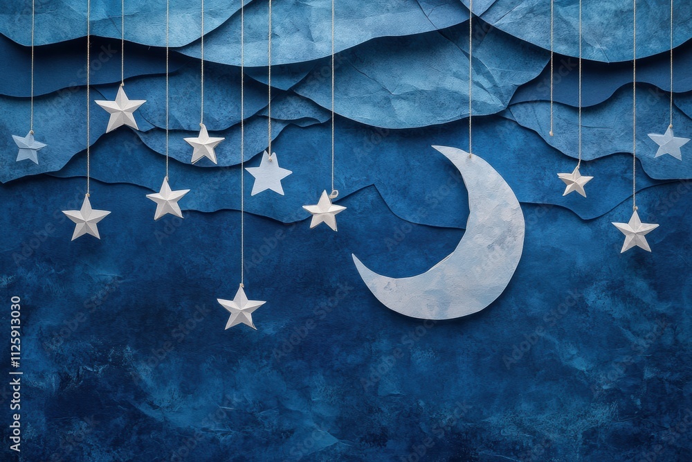 Aufkleber a whimsical night setting features a paper-crafted moon and stars suspended against textured blue la