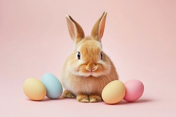 Fototapeta premium Cute easter bunny with pastel-colored eggs in a festive spring setting against a pink backdrop