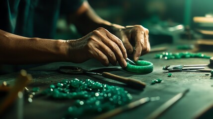 Obraz premium Hands working on crafting a green jewelry piece surrounded by tools and materials.