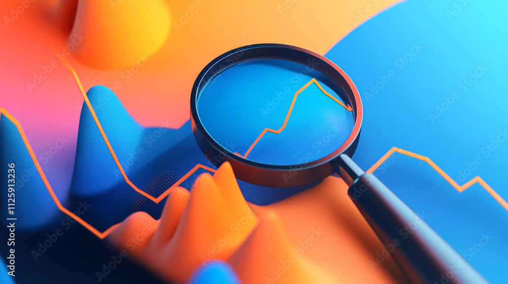 Poster analyzing colorful data trends with a magnifying glass on a vibrant chart background