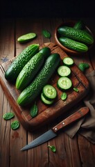 Fresh Green Cucumbers on a Wooden Cutting Board