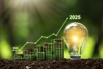 Growing money, finance and investment. Coins stack the growth comparative year 2024 to 2025 with a...