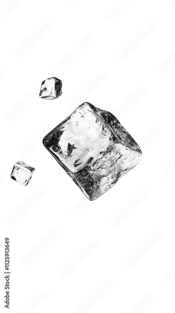 Poster Falling ice cube isolated on transparent background
