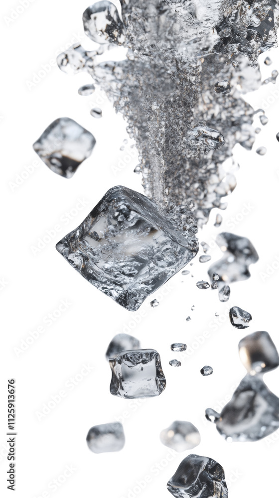 Poster falling ice cube isolated on transparent background