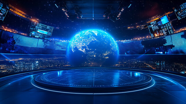 A global earth rotating, set in a digital news studio backdrop for news reports and breaking news.