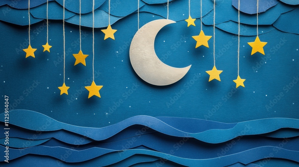 Poster Whimsical holiday setting features a crafted moon and stars suspended from strings, set within layered blue paper textures, with space for text. Generative AI