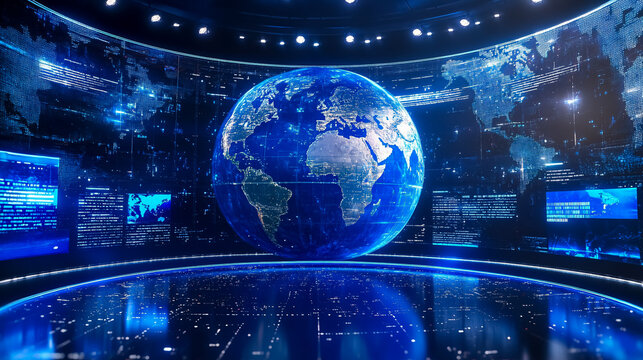 A global earth rotating, set in a digital news studio backdrop for news reports and breaking news.