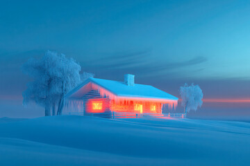 Serene winter landscape featuring a glowing house in snow.