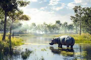 Hippopotamus enjoying a misty lake amidst lush vegetation and trees on a sunny morning, creating a peaceful and natural setting