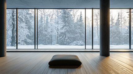 Fototapeta premium A large window in a room with a view of snow-covered trees