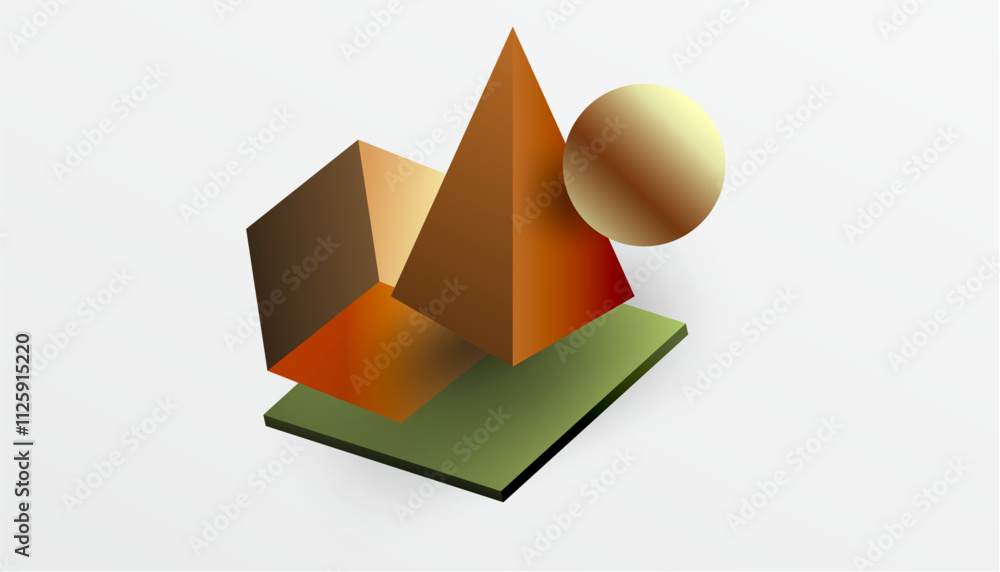 Poster abstract design showcasing isometric cubes, pyramids, squares, and spheres in a vibrant 3d layout. m