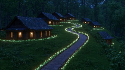 Enchanting Night Scene  Illuminated Cottages on a Hillside Path in a Magical Forest