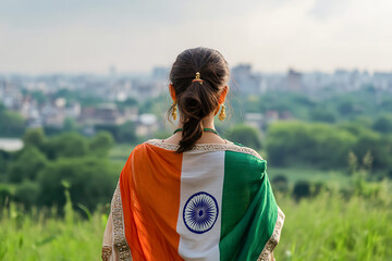 Naklejka premium Indian woman wearing national flag looks out at city skyline at sunset in contemplation