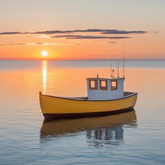 Naklejka premium Golden Sunrise Boat at Sea Calm Waterscape