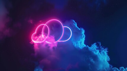 Obraz premium Abstract Cloud Illuminated by Neon Light Ring on Dark Night Sky, with Glowing Geometric Shape and Round Frame, Creating a Mysterious and Futuristic Scene.