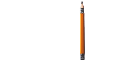Pencil isolated on a transparent PNG white background, top view, flat lay. A yellow pencil with an eraser at the end of it