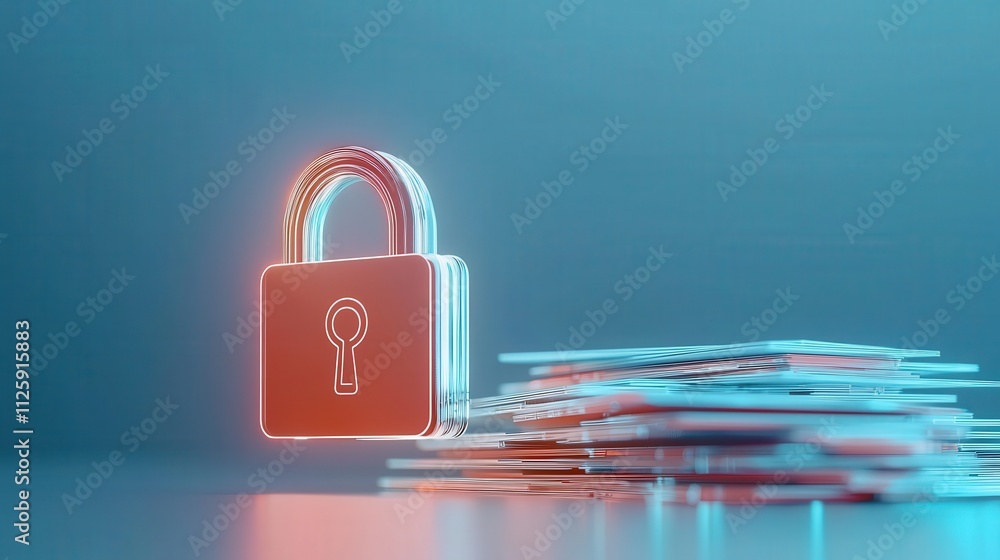 Poster digital padlock symbol hovering over a stack of credit cards
