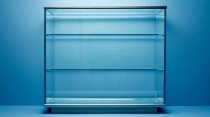Empty glass display case on blue background