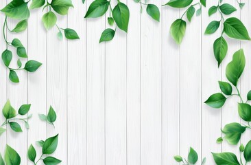 Lush green leaves frame on white wood background.