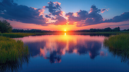 Fototapeta premium Nature background showcasing a serene lake reflecting the vivid colors of a sunset