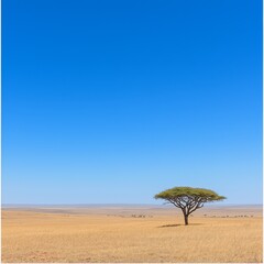 Lone Acacia Tree in African Savanna Under Blue Sky