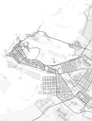 Naklejka premium Map of Abu Dhabi, United Arab Emirates. Perfect for posters, printing, wallpaper, and home decor. Contains information on places of interest, roads, toll roads, rivers, mountains, parks, etc