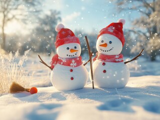 Obraz premium two cheerful snowmen in a winter wonderland