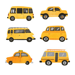 Adorable Yellow Vehicles Collection: Cartoon Style Mini Cars and Vans
