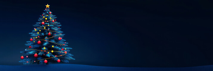 Christmas tree with colorful decorations on a dark blue background with bokeh lights, generative AI